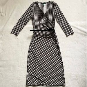 Lauren Ralph Lauren Houndstooth Print Faux-Wrap Dress Black Long Sleeve NWT